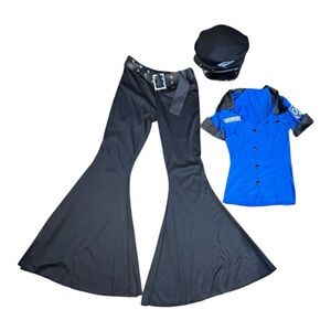 Women's Small Police Costume Set Blue Top Black Flared Pants Belted‎ Cop Hat